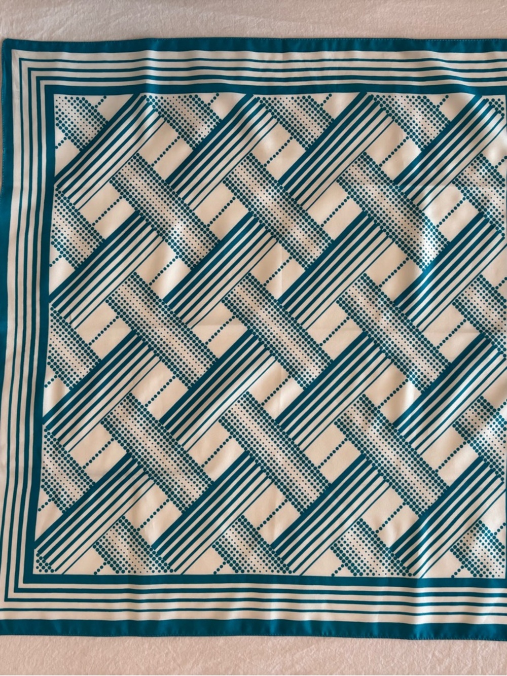 Teal & Cream Geometric Silk Scarf Square Head Neck Tie Retro Chic Accessory - Picture 4 of 7